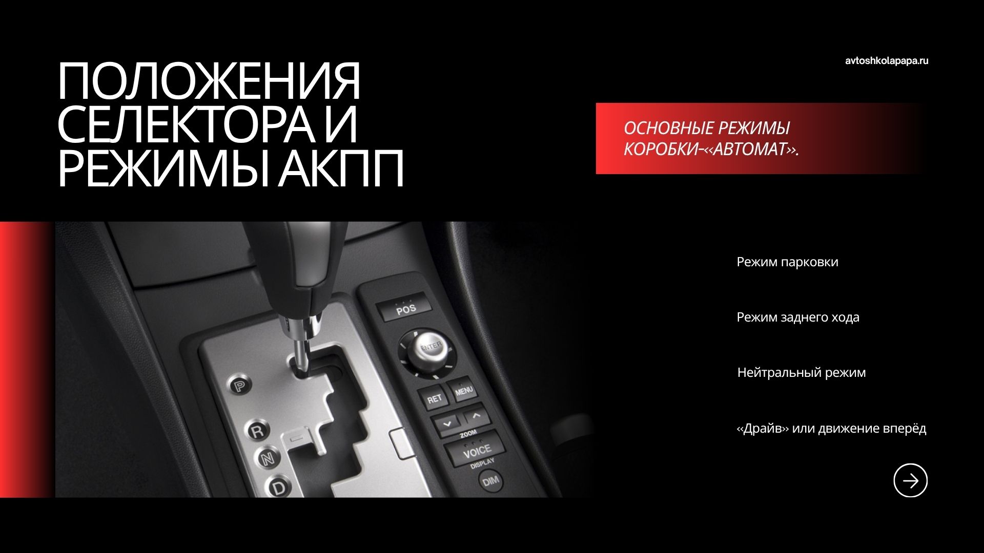 Положения селектора и режимы АКПП